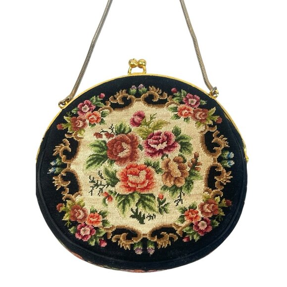 vtg made in France micro needle point victorian art deco small wristlet bag 5x5' - Picture 1 of 13